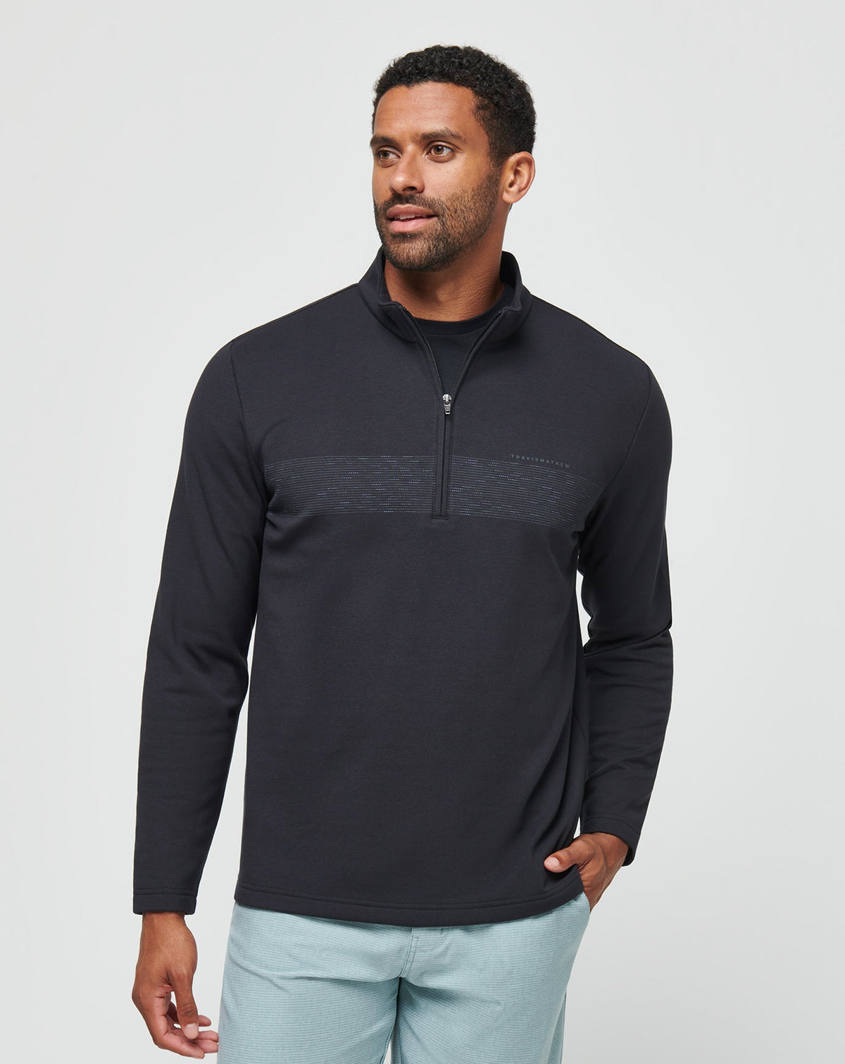 Upgraded Fleece Chest Stripe Quarter Zip Black/Coronet | Travis Mathew Trending
