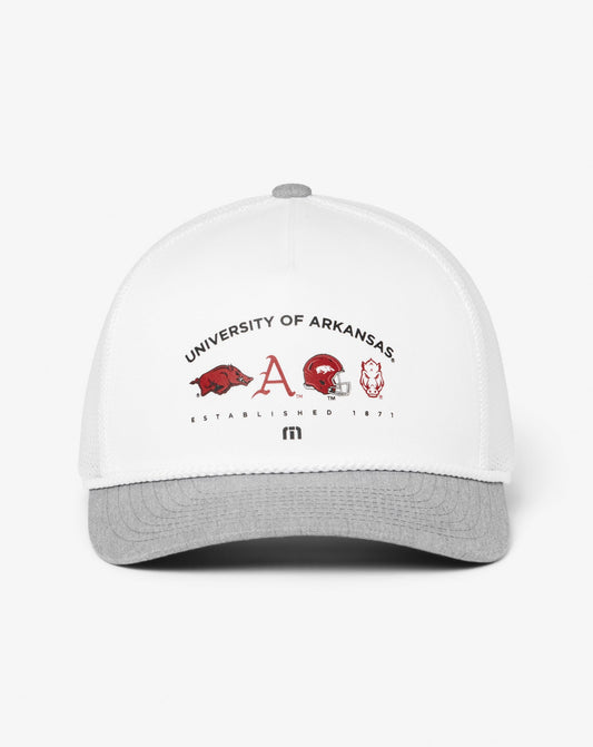 Arkansas Defensive Line Snapback Hat White | Travis Mathew Value