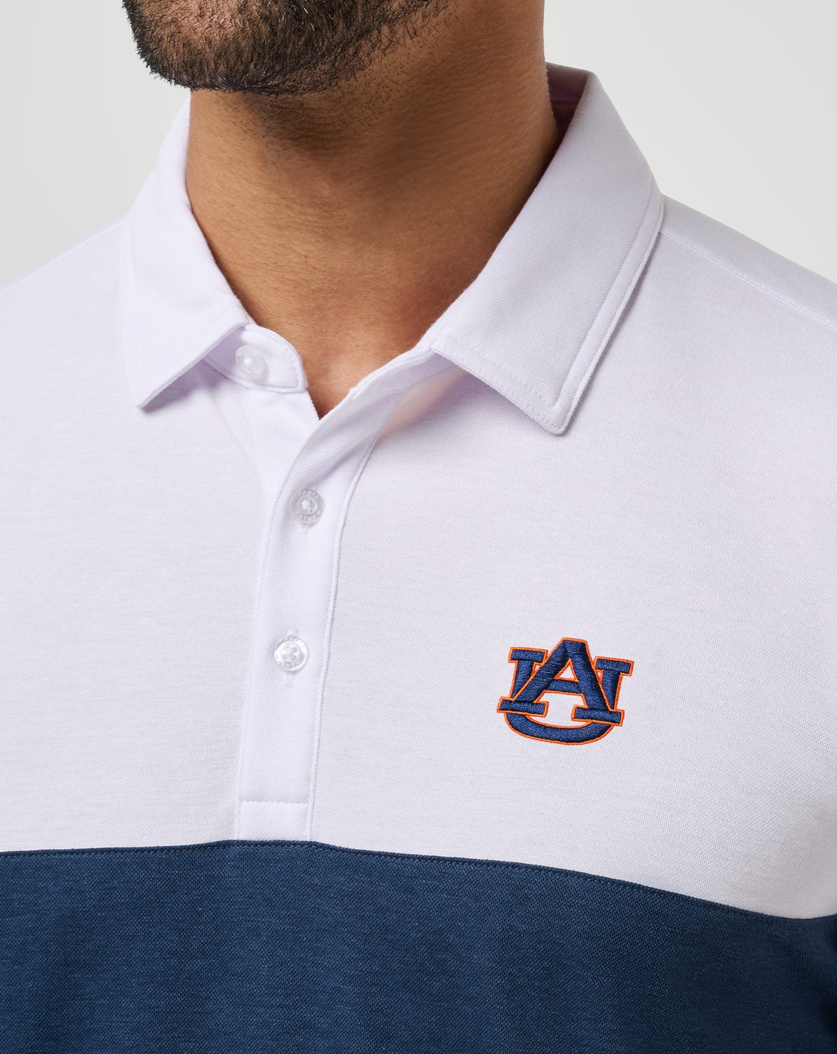 Auburn Drop Back Polo White/Navy | Travis Mathew Trusted