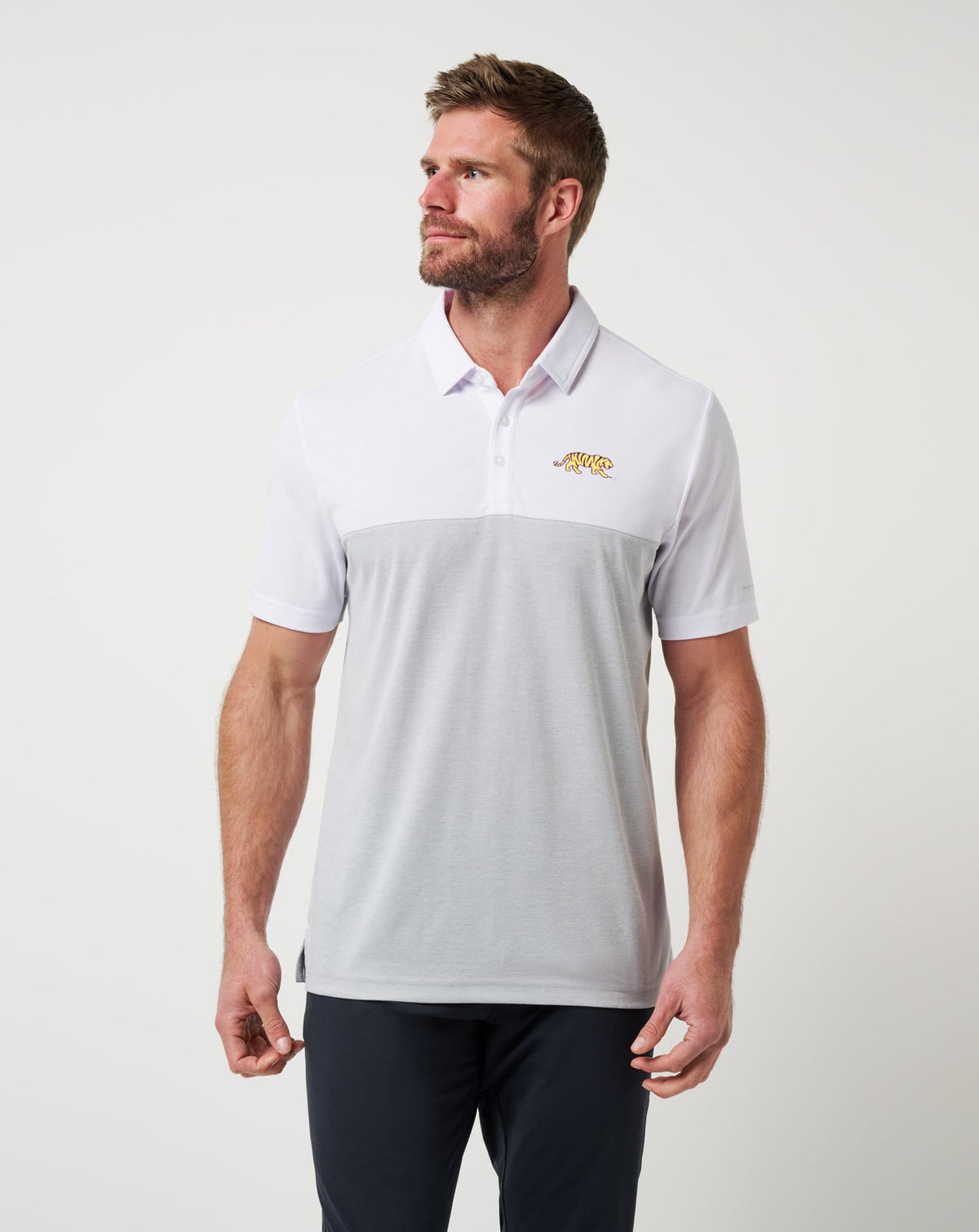 LSU Drop Back Polo White/Heather Grey | Travis Mathew Deals
