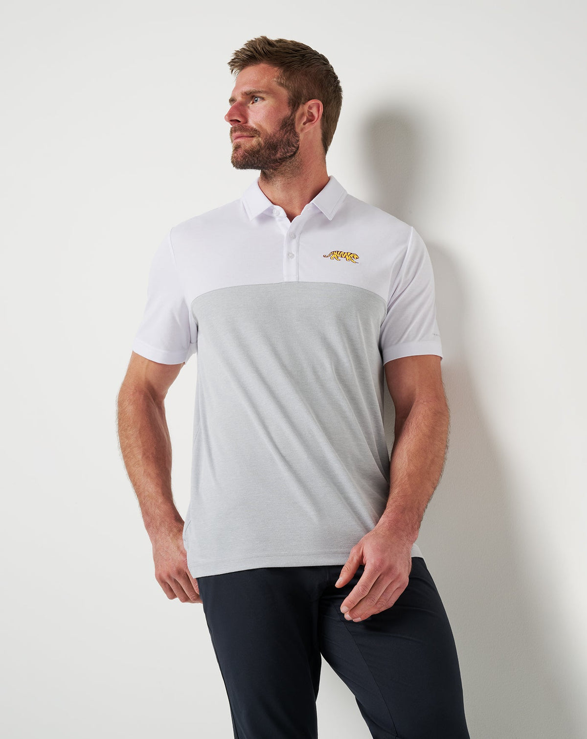 LSU Drop Back Polo White/Heather Grey | Travis Mathew Deals