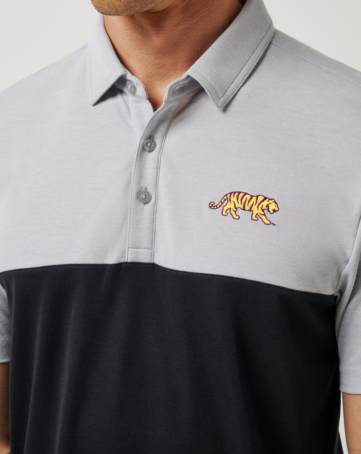 LSU Drop Back Polo Heather Grey/Black | Travis Mathew Discount