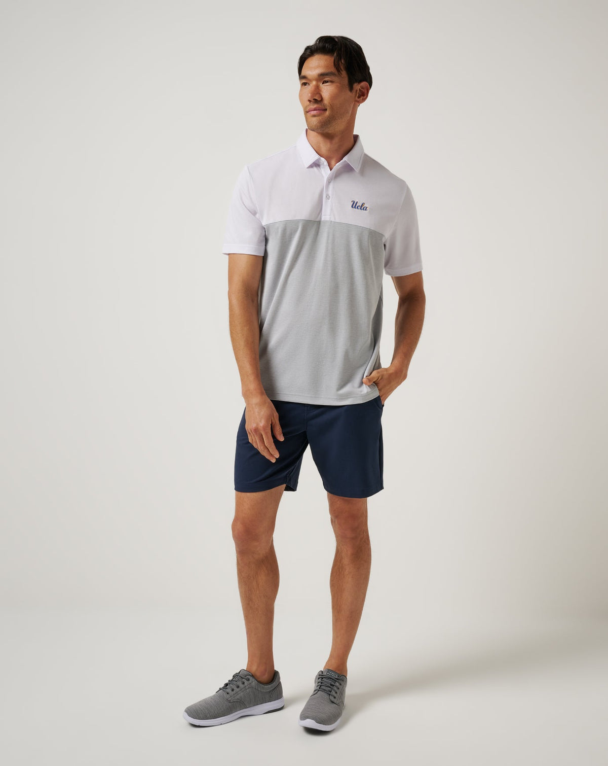 UCLA Drop Back Polo White/Heather Grey | Travis Mathew Everyday