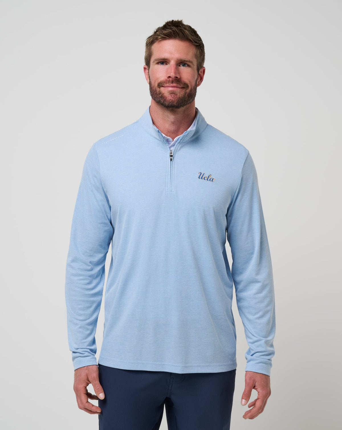 UCLA Time To Tailgate Quarter Zip Heather Blue | Travis Mathew Premium